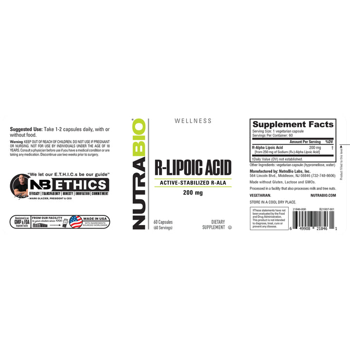 NutraBio R-Lipoic Acid Active-Stabilized R-ALA 60 Vegetarian Capsules