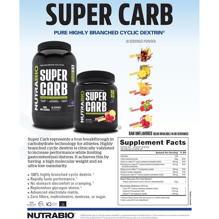 NutraBio Super Carb - Complex Carbohydrate Supplement Powder - Cluster Dextrin and Electrolytes for Performance Enhancement & Muscle Recovery - Raspberry Lemonade, 30 Servings 834g