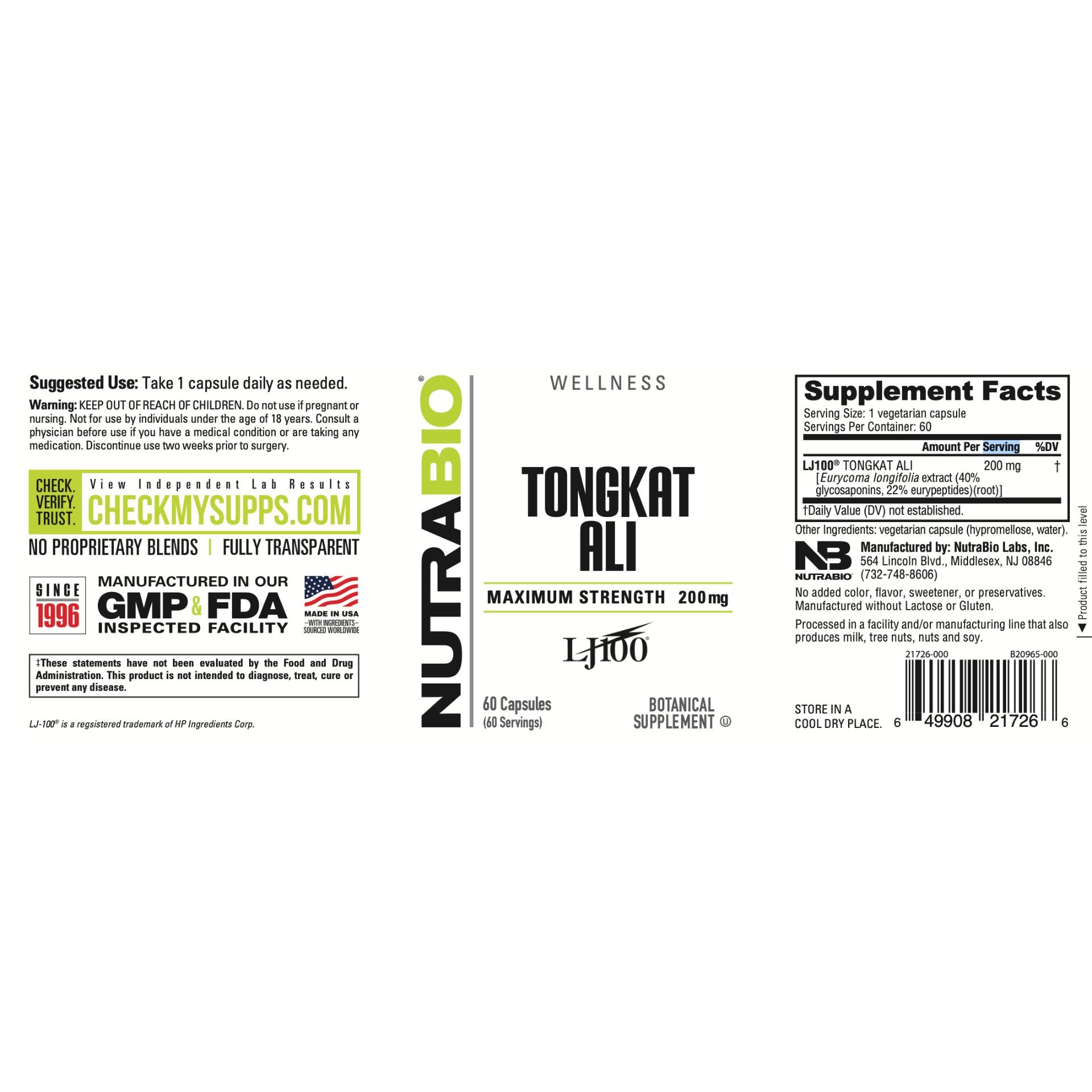 NutraBio Tongkat Ali LJ100 200mg 60 Vegetable Capsules