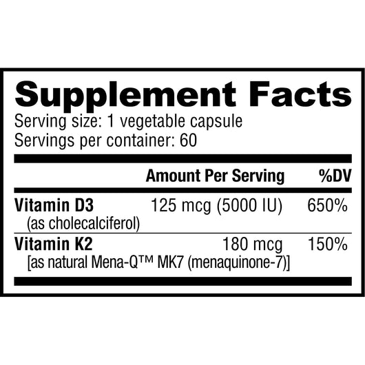 NutraBio Vitamin D3 (5000 IU) K2 (180 MCG) 60 Vegetable Capsules