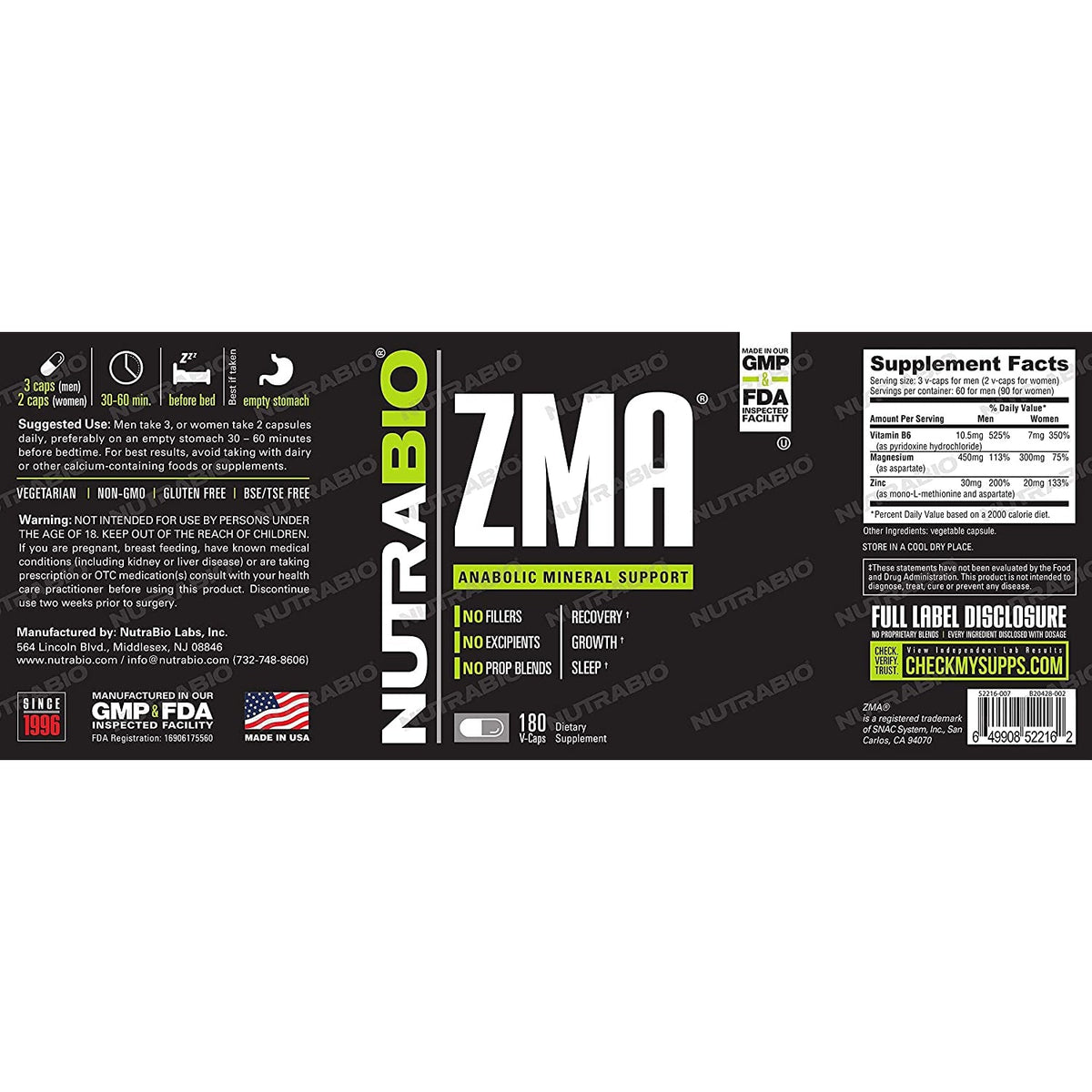 NutraBio ZMA Anabolic Mineral Support 180 veggie Capsules