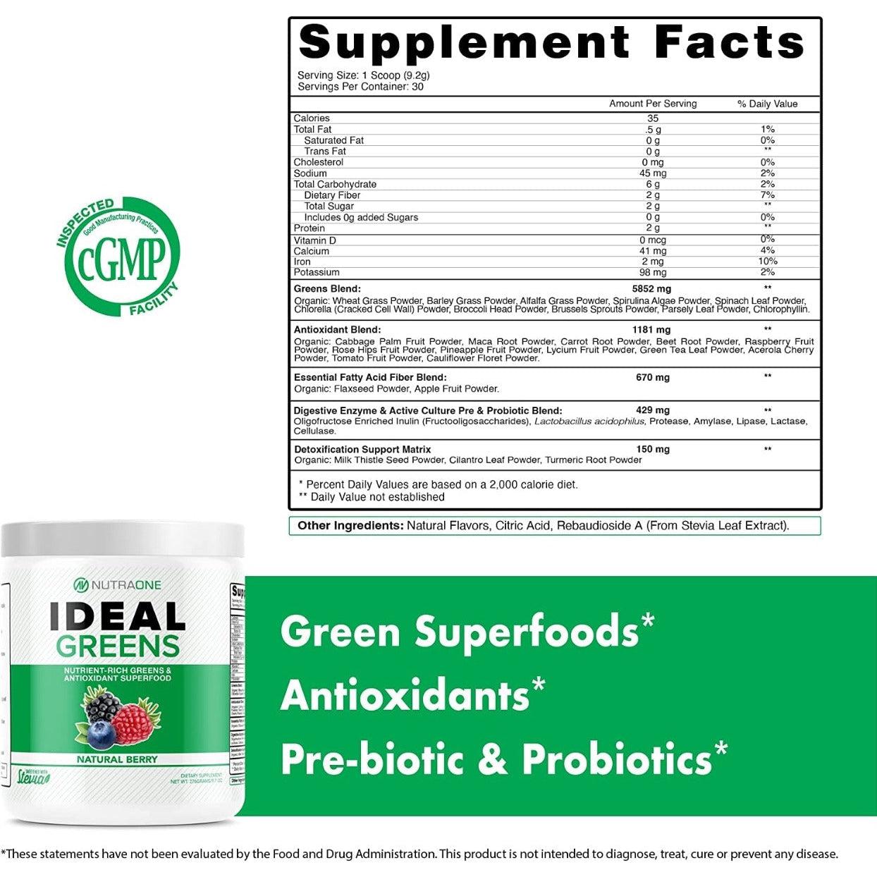 NutraOne Ideal Greens Nutrient-Rich Greens & Antioxidant Superfood Powder Berry Gluten Free KETO 240
