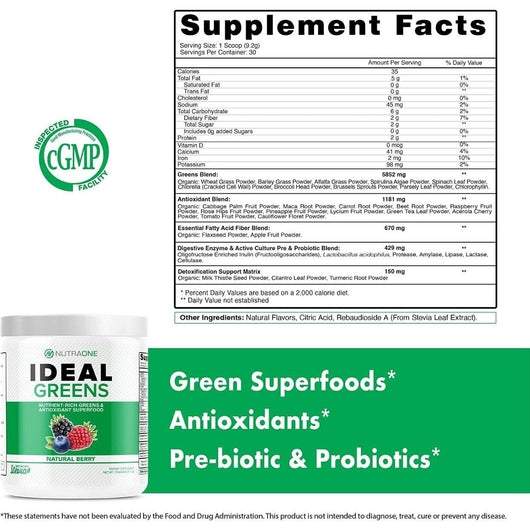 NutraOne Ideal Greens Nutrient-Rich Greens & Antioxidant Superfood Powder Berry Gluten Free KETO 240