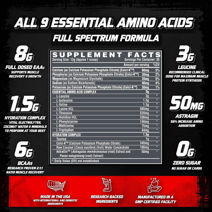 Nutrex Research EAA Hydration EAAs + BCAAs Powder with 8g Essential Amino Acids + Electrolytes For Muscle Recovery, Strength, Muscle Building, Endurance, Blood Orange Flavor 30 Serving