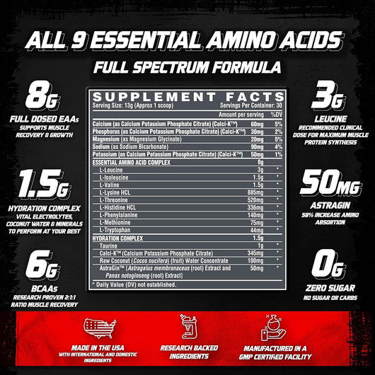 Nutrex Research EAA Hydration EAAs + BCAAs Powder with 8g Essential Amino Acids + Electrolytes For Muscle Recovery, Strength, Muscle Building, Endurance, Maui Twist Flavor 30 Serving