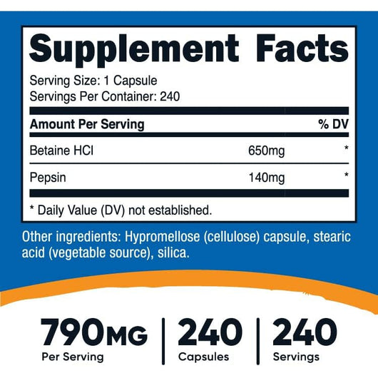 Nutricost Betaine HCl + Pepsin 790mg Gluten Free & Non-GMO 240 Capsules