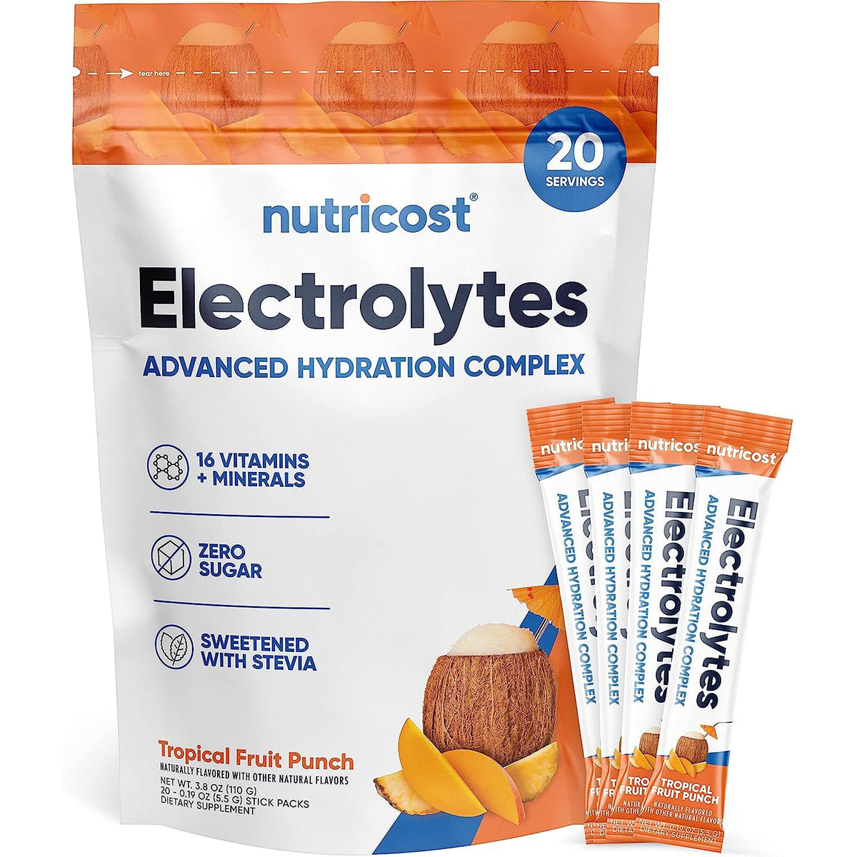 Nutricost Electrolytes Powder Hydration Packets Zero Sugar Low Calorie Keto Gluten Free 20 Packets - Tropical Fruit Punch