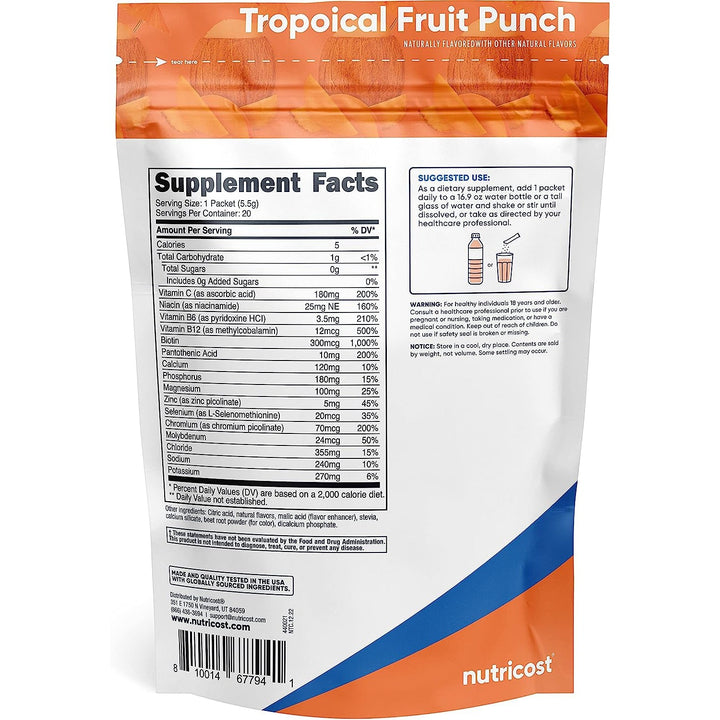 Nutricost Electrolytes Powder Hydration Packets Zero Sugar Low Calorie Keto Gluten Free 20 Packets - Tropical Fruit Punch