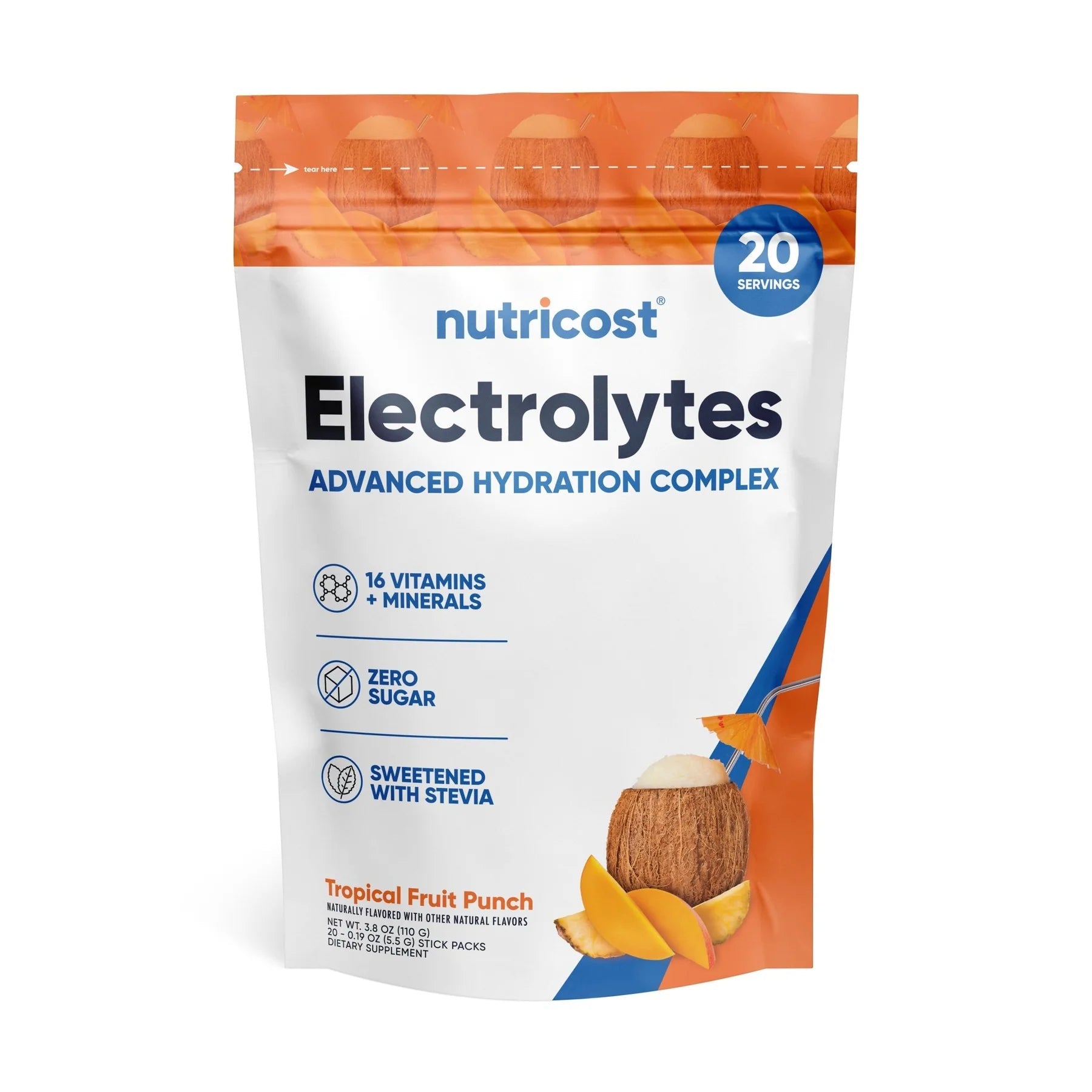 Nutricost Electrolytes Powder Hydration Packets Zero Sugar Low Calorie Keto Gluten Free 20 Packets - Tropical Fruit Punch