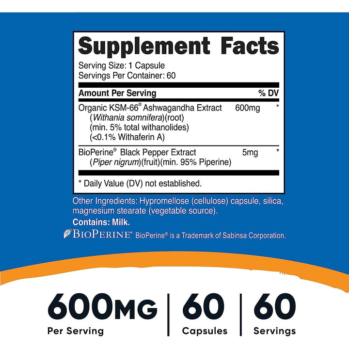 Nutricost KSM-66 Organic Ashwagandha Root Extract with BioPerine 600mg, 60 Veggie Caps