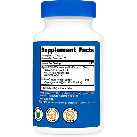 Nutricost KSM-66 Organic Ashwagandha Root Extract with BioPerine 600mg, 60 Veggie Caps