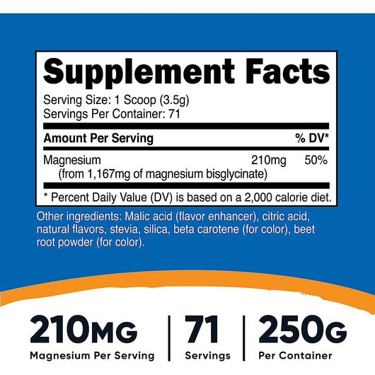 Nutricost Magnesium Bisglycinate Powder Peach Mango Non-GMO Vegetarian 250 Gram