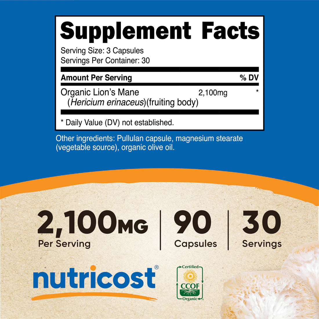 Nutricost Organic Lion's Mane Mushroom 90 Vegetarian Capsules