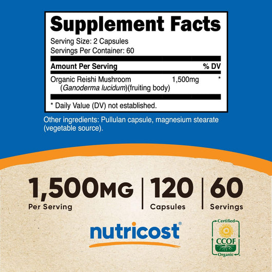 Nutricost Organic Reishi Mushroom 1500mg Gluten Free 120 Vegetarian Capsules