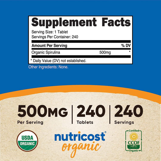 Nutricost Organic Spirulina 500mg Gluten Free, Non-GMO 240 Tablets