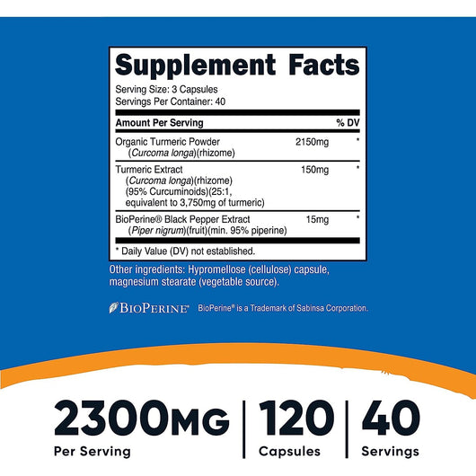 Nutricost Organic Turmeric Curcumin with BioPerine and 95% Curcuminoids, 2300mg, 120 Veggie Capsules Gluten Free Non-GMO