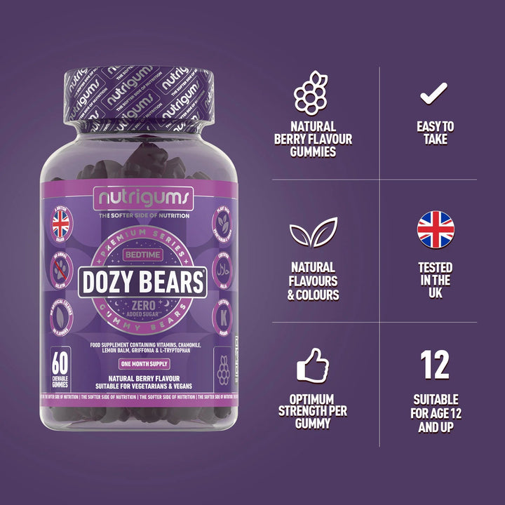 Nutrigums Dozy Bears (Bedtime) No Added Sugar Mixed Fruit Flavour - 60 Vegan Gummies