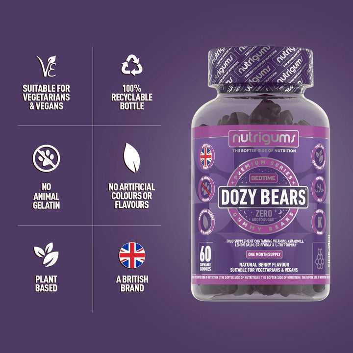 Nutrigums Dozy Bears (Bedtime) No Added Sugar Mixed Fruit Flavour - 60 Vegan Gummies