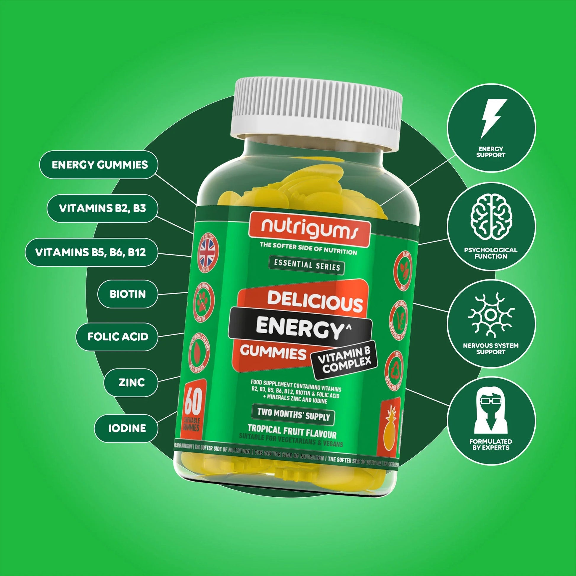 Nutrigums Energy (Vitamin B Complex) Tropical Fruit Flavour - 60 Vegan Gummies