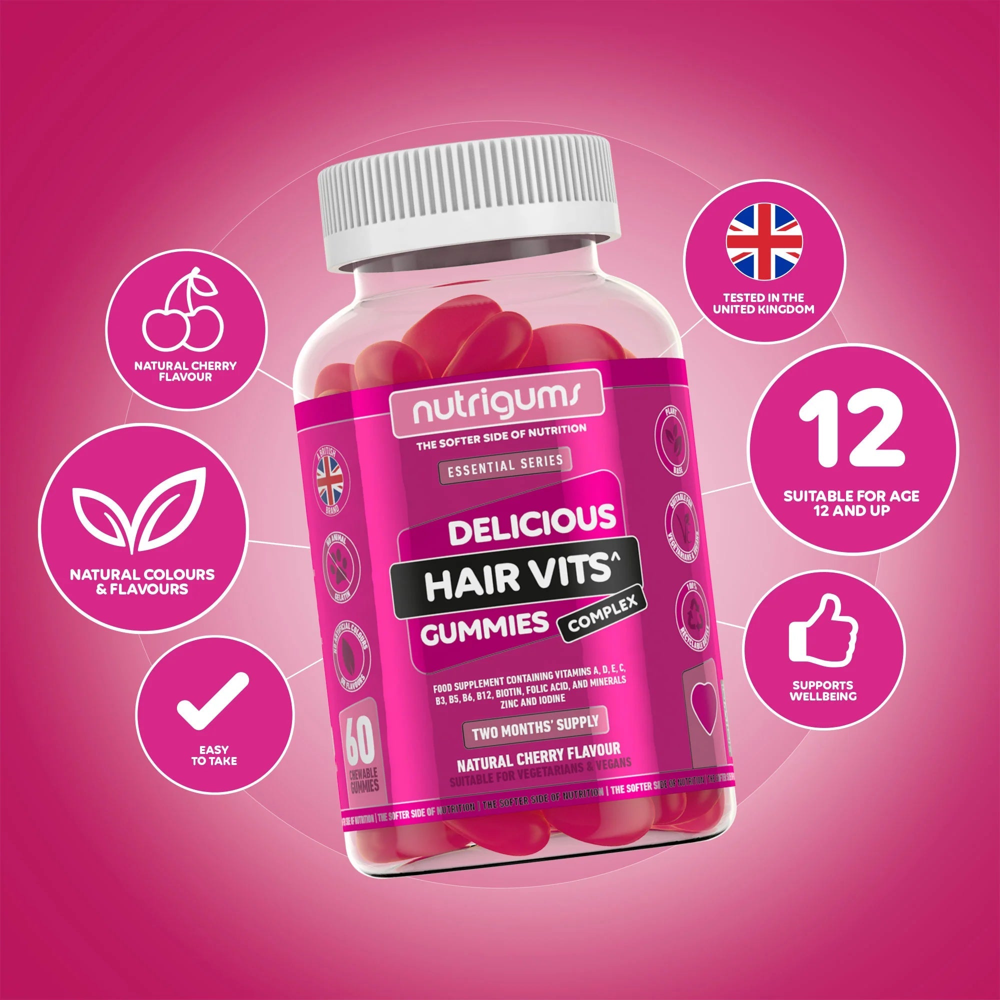 Nutrigums Hair Vits Biotin Complex Cherry Flavour - 60 Vegan Gummies