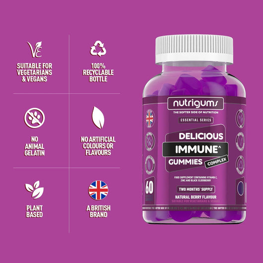 Nutrigums Immune Complex (Elderberry, Vitamin C and Zinc) Blueberry Flavour - 60 Vegan Gummies