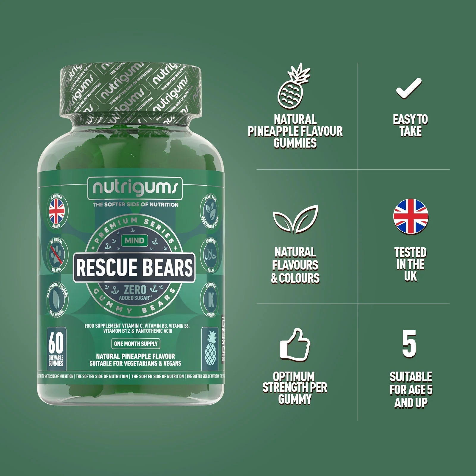 Nutrigums Rescue Bears (Stress & Anxiety) No Added Sugar Pineapple Flavour - 60 Vegan Gummies