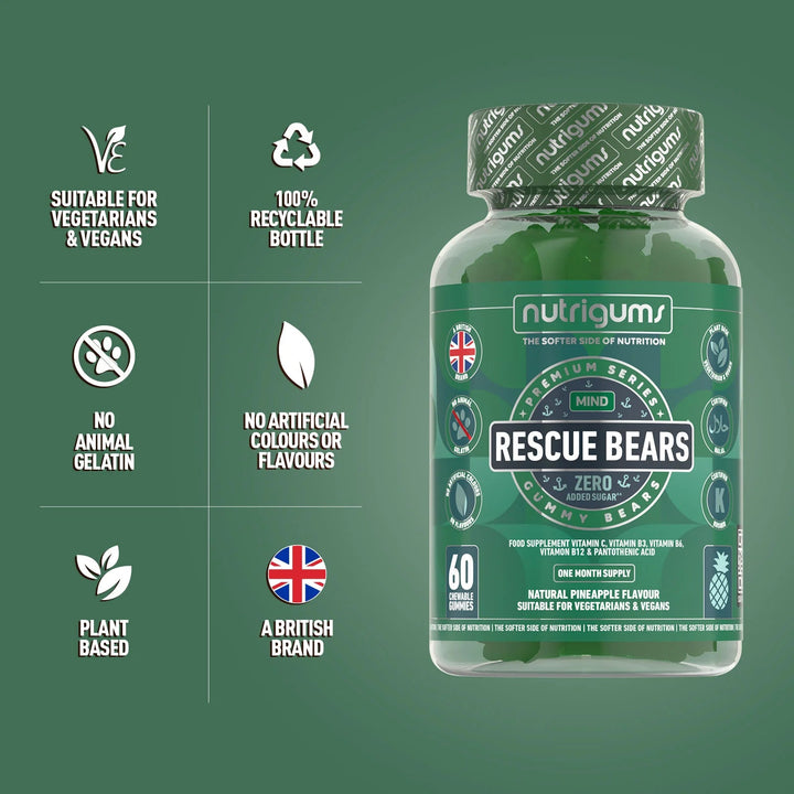 Nutrigums Rescue Bears (Stress & Anxiety) No Added Sugar Pineapple Flavour - 60 Vegan Gummies