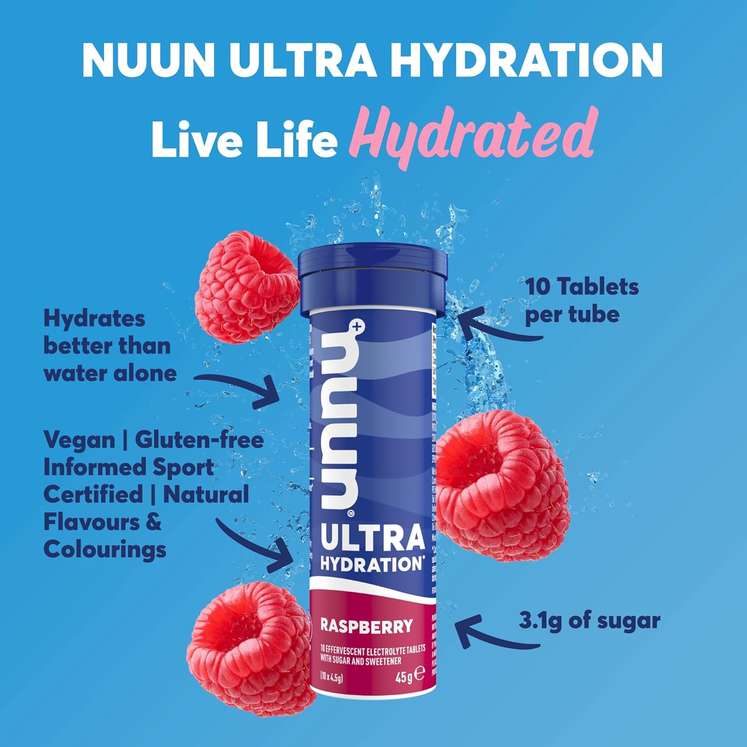 Nuun Ultra Hydration Tablets for Proactive Hydration, Raspberry Flavour Vegan Gluten Free Non-GMO 10 Tablets
