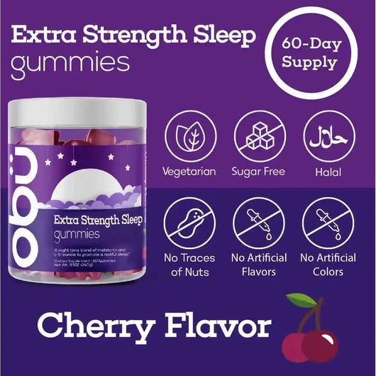 Obu Nutrition Extra Strength Sleep with Melatonin L-theanine Cherry Flavor 60 Gummies