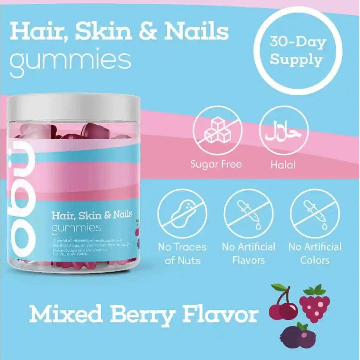 Obu Nutrition Hair, Skin & Nails Mixed Berries Flavour 60 Gummies