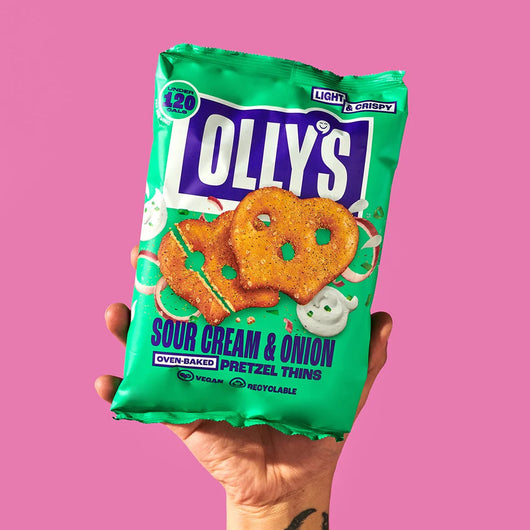 Olly's Pretzel Thins, Sour Cream & Onion , Healthy Plant-Based Vegan, Low Calorie Snack, Low Fat, Source of Fibre, No Preservatives 35g