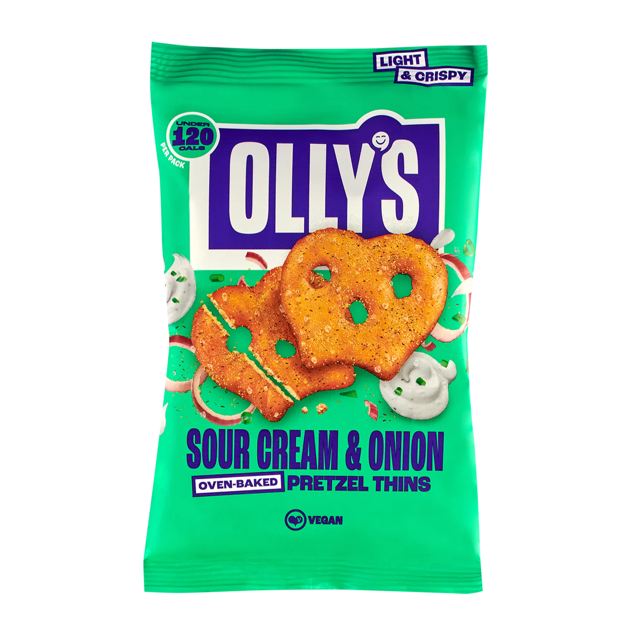 Olly's Pretzel Thins, Sour Cream & Onion , Healthy Plant-Based Vegan, Low Calorie Snack, Low Fat, Source of Fibre, No Preservatives 35g