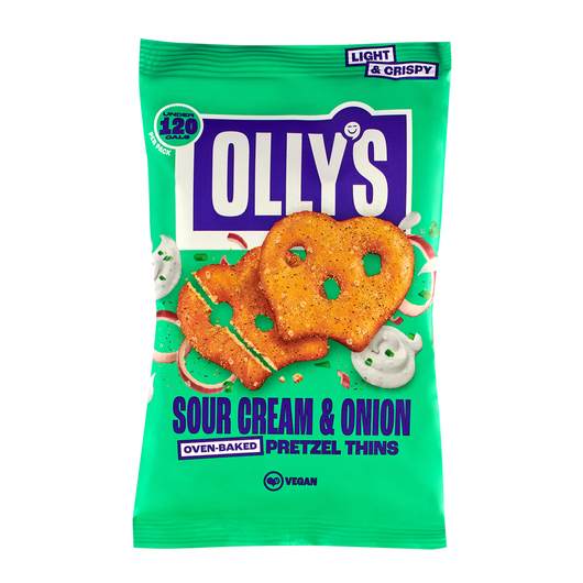 Olly's Pretzel Thins, Sour Cream & Onion , Healthy Plant-Based Vegan, Low Calorie Snack, Low Fat, Source of Fibre, No Preservatives 35g