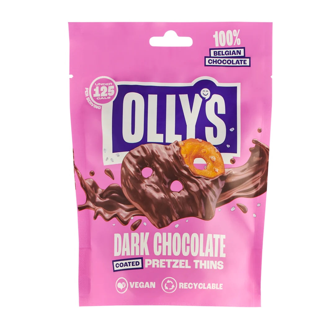 Olly's Pretzels Dark Chocolate Coated Pretzel Thins, 100% Belgian Chocolate, Healthy Plant-Based Vegan Snacks, Low Calorie Snacks, No Artificial Preservatives 90g