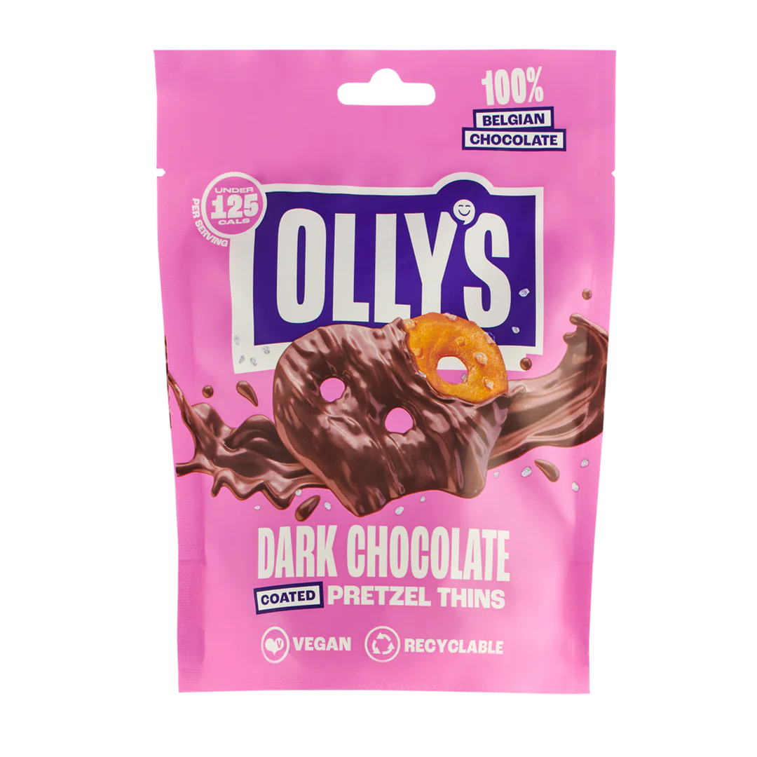 Olly's Pretzels Dark Chocolate Coated Pretzel Thins, 100% Belgian Chocolate, Healthy Plant-Based Vegan Snacks, Low Calorie Snacks, No Artificial Preservatives 90g