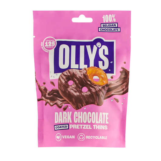 Olly's Pretzels Dark Chocolate Coated Pretzel Thins, 100% Belgian Chocolate, Healthy Plant-Based Vegan Snacks, Low Calorie Snacks, No Artificial Preservatives 90g