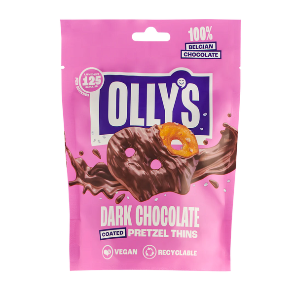 Olly's Pretzels Dark Chocolate Coated Pretzel Thins, 100% Belgian Chocolate, Healthy Plant-Based Vegan Snacks, Low Calorie Snacks, No Artificial Preservatives 90g