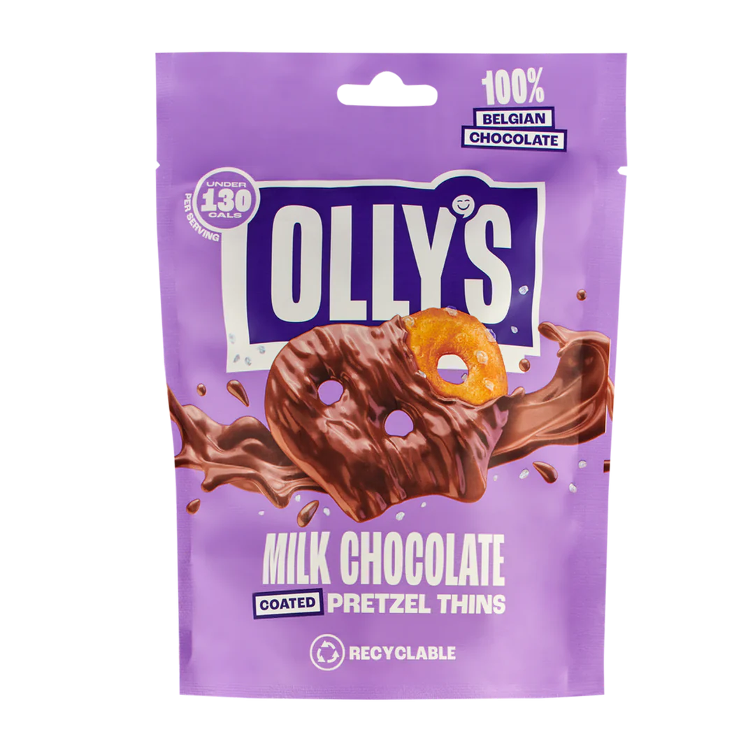 Olly's Pretzels Milk Chocolate Coated Pretzel Thins, 100% Belgian Chocolate, Healthy Plant-Based Vegan Snacks, Low Calorie Snacks, No Artificial Preservatives 90g