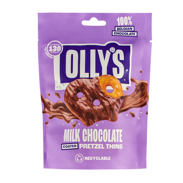 Olly's Pretzels Milk Chocolate Coated Pretzel Thins, 100% Belgian Chocolate, Healthy Plant-Based Vegan Snacks, Low Calorie Snacks, No Artificial Preservatives 90g