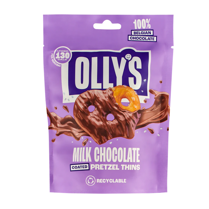 Olly's Pretzels Milk Chocolate Coated Pretzel Thins, 100% Belgian Chocolate, Healthy Plant-Based Vegan Snacks, Low Calorie Snacks, No Artificial Preservatives 90g