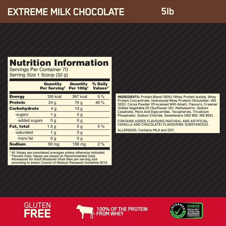 Optimum Nutrition Gold Standard 100% Whey Protein Powder Extreme Milk Chocolate 2.27KG