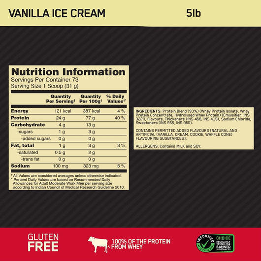 Optimum Nutrition Gold Standard 100% Whey Protein Powder Vanilla Ice Cream 2.27KG