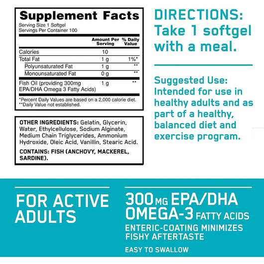 Optimum Nutrition Omega 3 Fish Oil For Active Adults, 300MG 100 Softgels