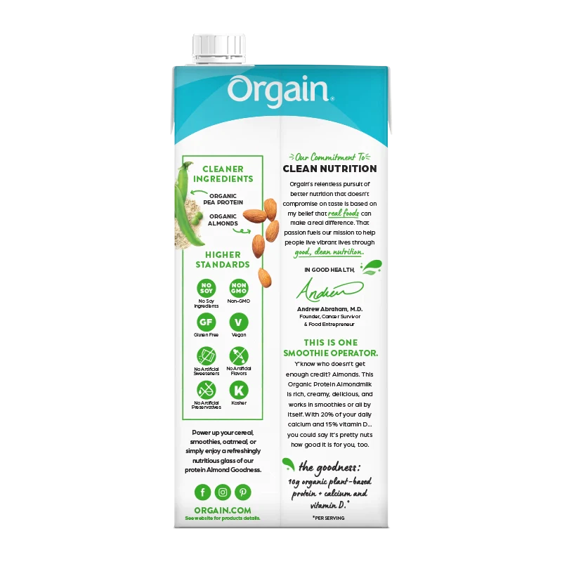 Orgain Organic Almond Milk Vanilla Flavored Lightly Sweetened Dairy Free Gluten Free Soy Free 946ml