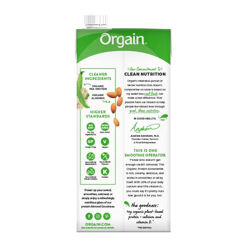 Orgain Organic Almond Milk Vanilla Unsweetened Dairy Free Gluten Free Soy Free 946ml