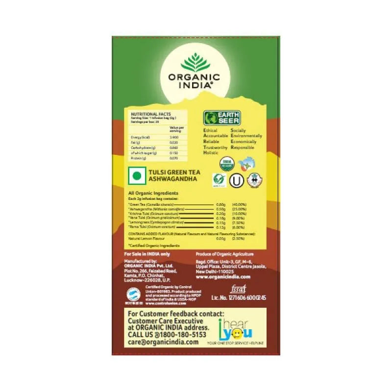 Organic India Certified Organic Tulsi Green Tea Ashwagandha 25 Bags