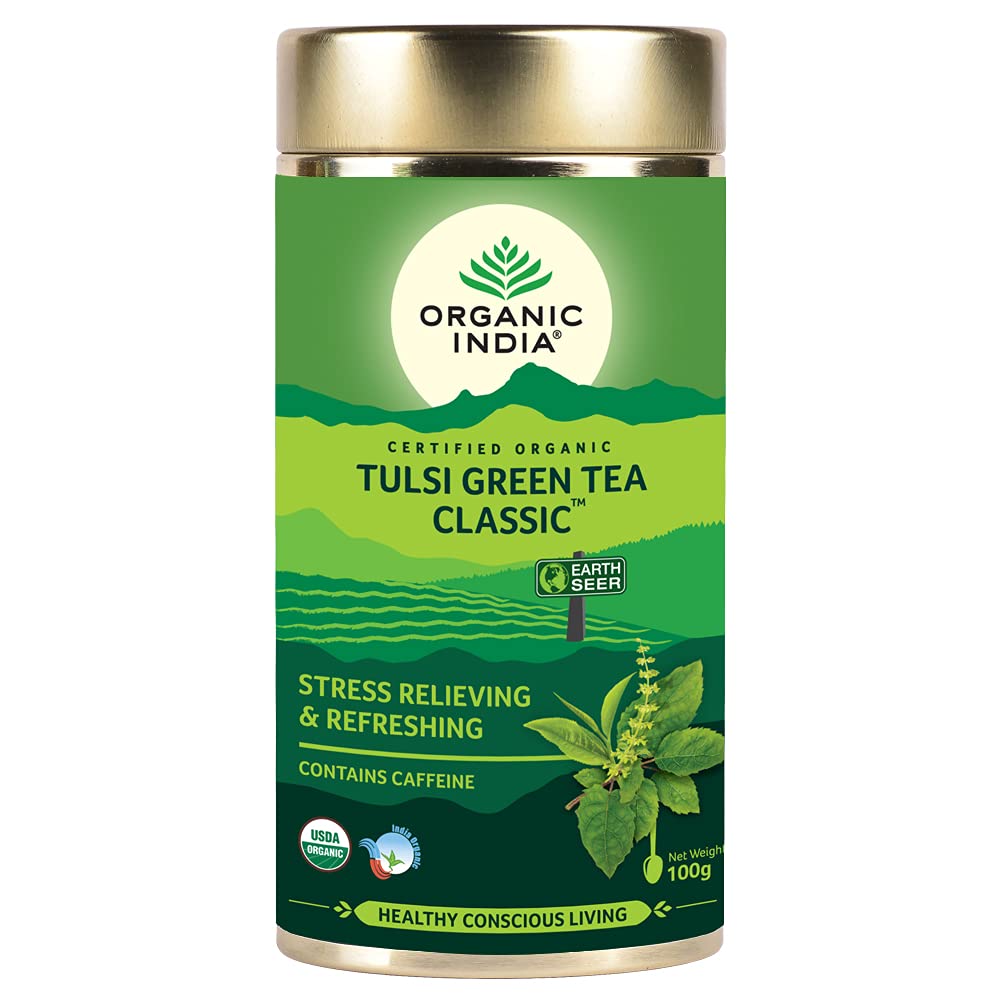 أورجانيك انديا شاي أخضر مع عشبة التولسي عضوي، 100 جم