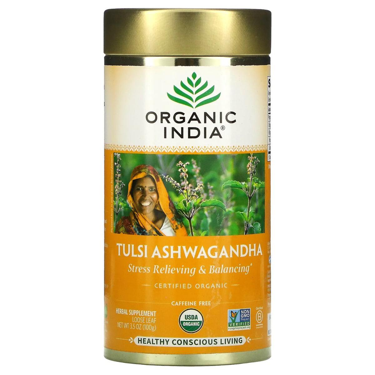 Organic India Tulsi Ashwagandha Herbal Tea Loose Leaf Caffeine Free 100g