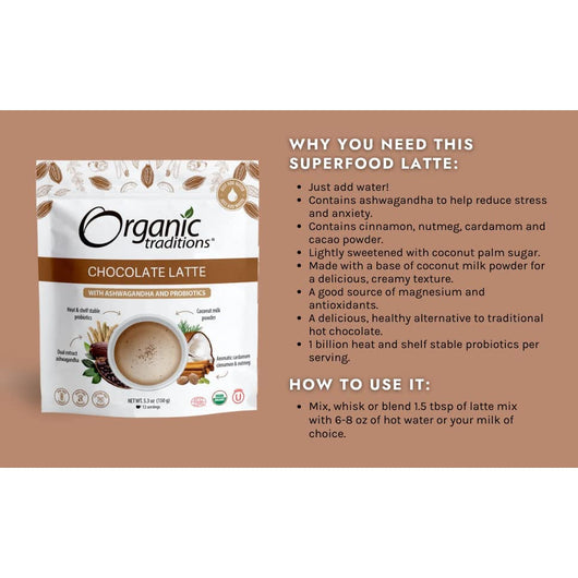 Organic Traditions Chocolate Latte with Ashwagandha & Probiotics 150 g