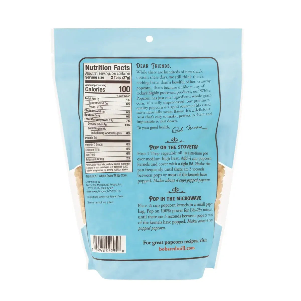 BOB'S RED MILL GLUTEN FREE WHITE POPCORN 850 G